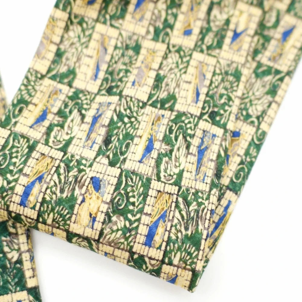 XMI Nordstrom Silk‎ Tie Green Tan Print Wide Geometric Abstract